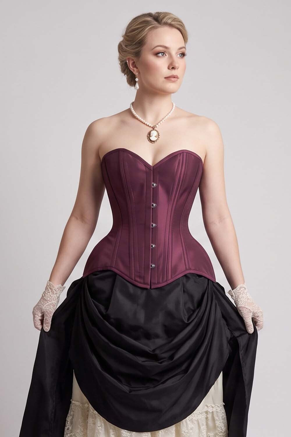 IMOGEN Overbust Waist-Training Corset in Plum Taffeta on model - front view