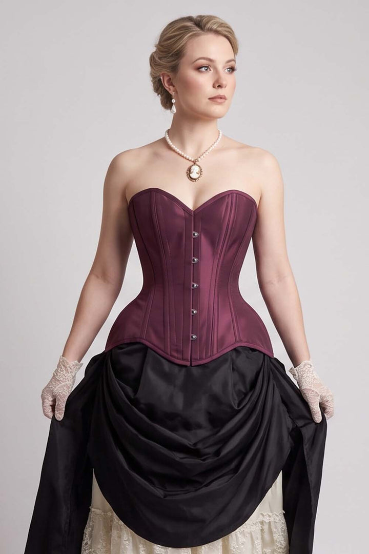 IMOGEN Overbust Waist-Training Corset in Plum Taffeta on model - front view