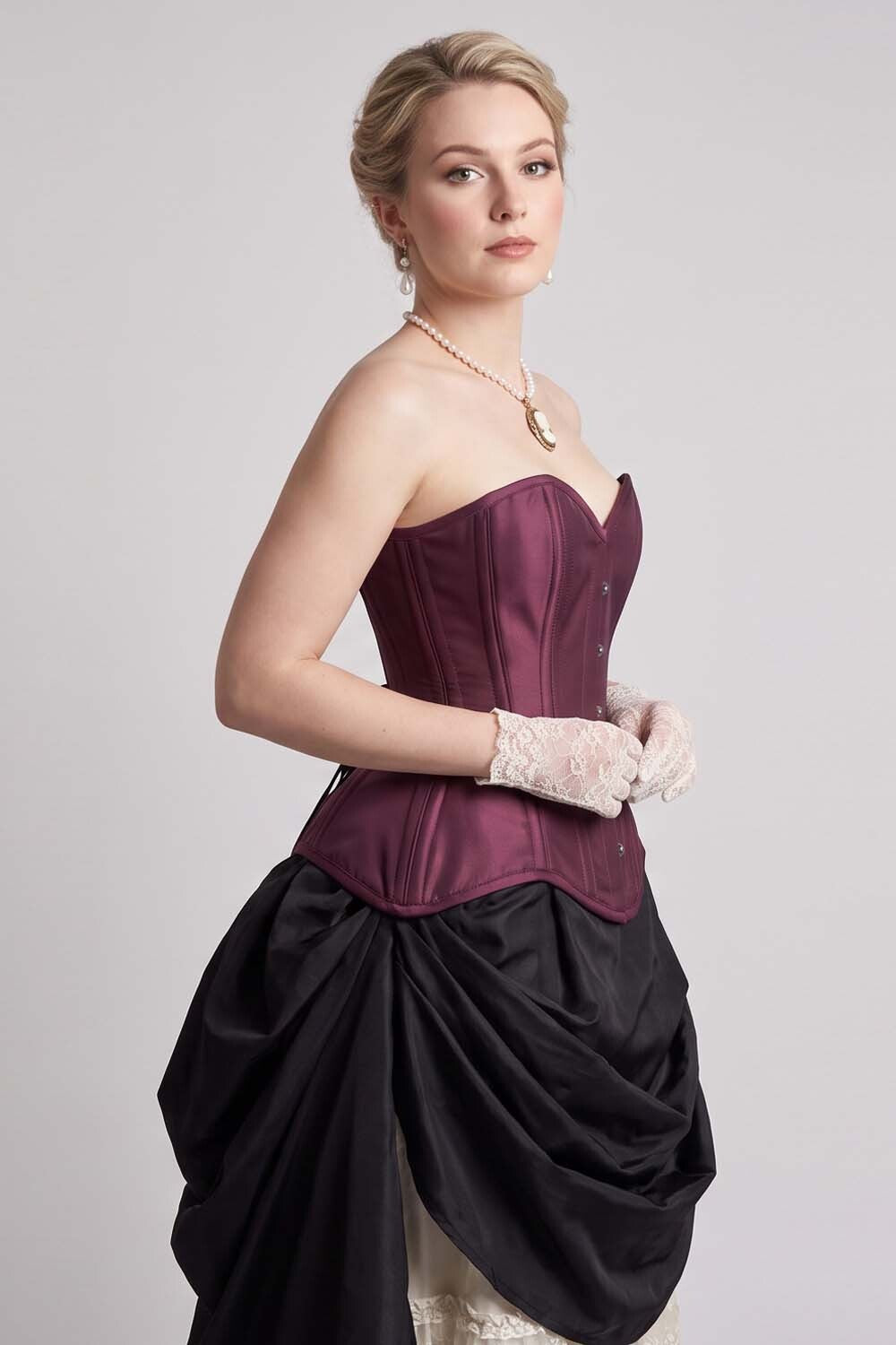 IMOGEN Overbust Waist-Training Corset in Plum Taffeta on model - side view