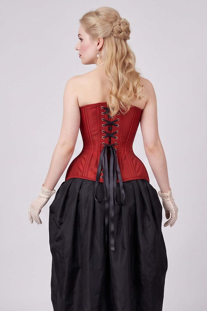 IMOGEN Overbust Waist-Training Corset in Red Taffeta on model - back view