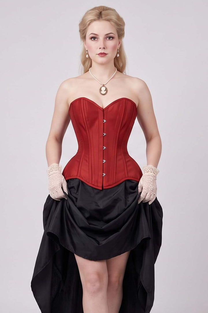 IMOGEN Overbust Waist-Training Corset in Red Taffeta on model - front view