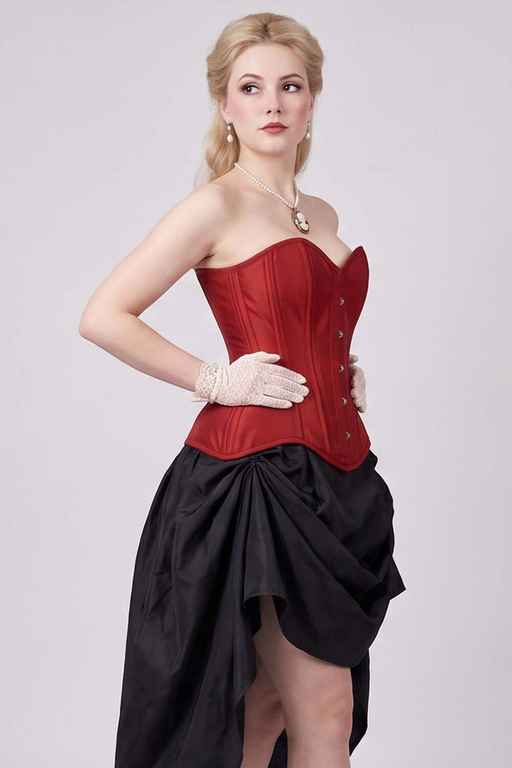 IMOGEN Overbust Waist-Training Corset in Red Taffeta on model - side view