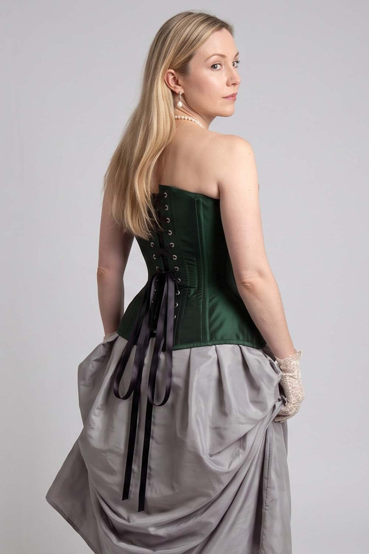 IMOGEN Overbust Waist-Training Corset in Black Taffeta on model - back view