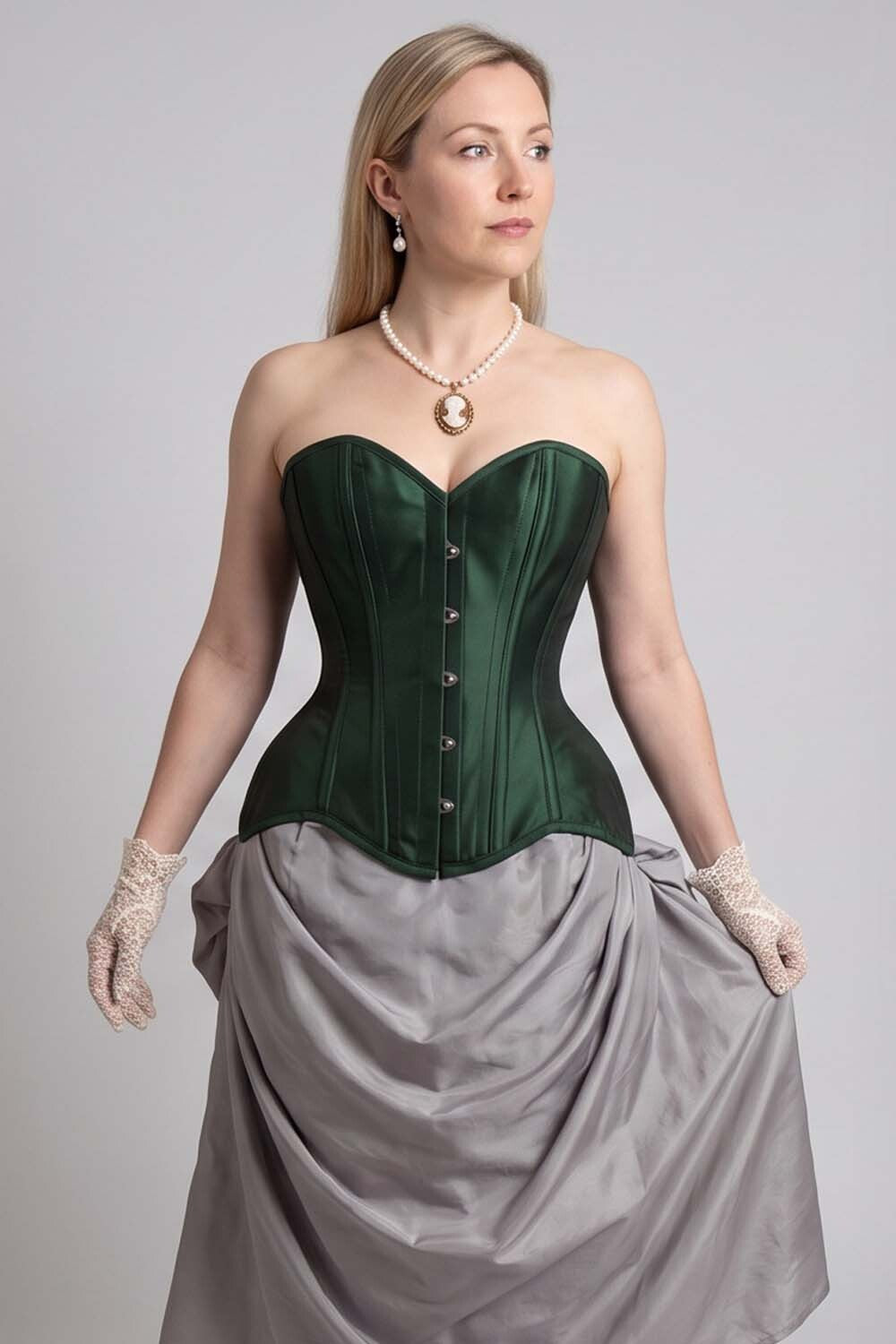 IMOGEN Overbust Waist-Training Corset in Black Taffeta on model - front view
