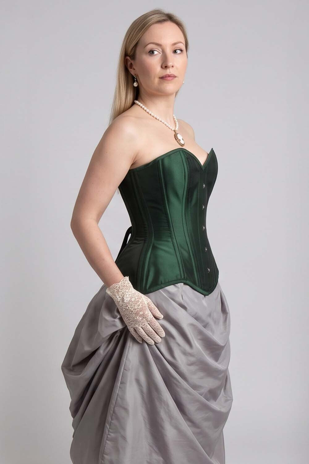 IMOGEN Overbust Waist-Training Corset in Black Taffeta on model - side view