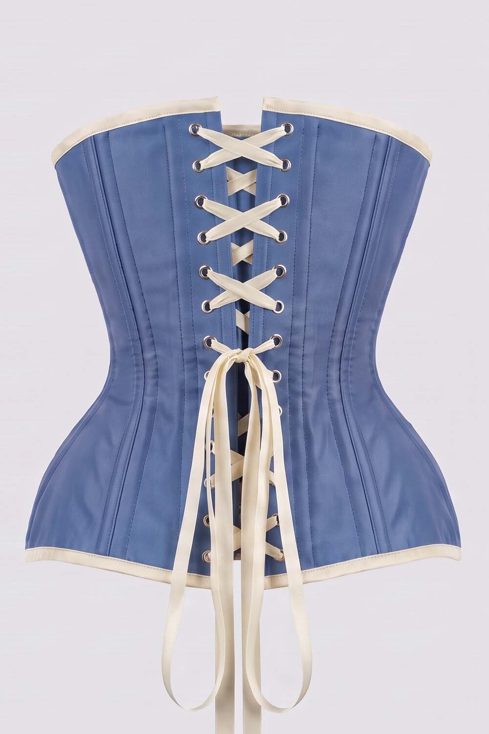IMOGEN Overbust Waist-Training Corset in Wedgwood Blue &amp; Ivory Taffeta by Luxe Noir - back view