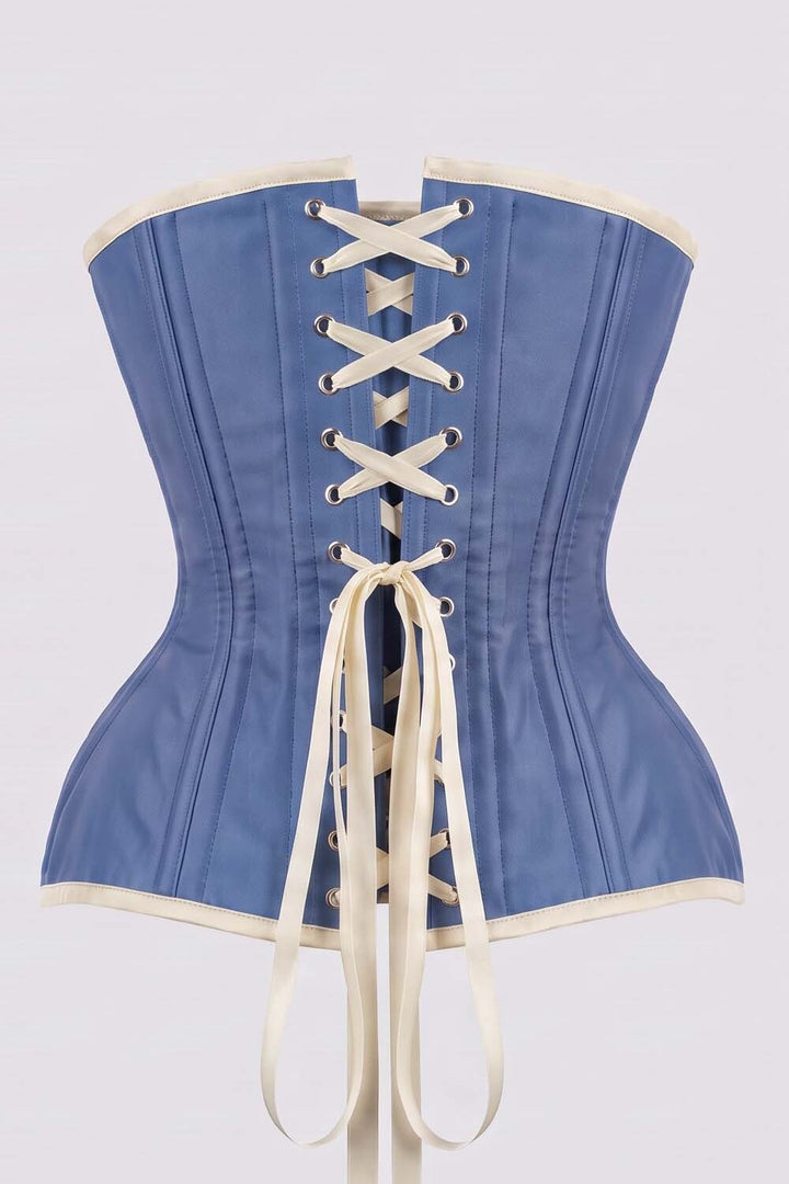 IMOGEN Overbust Waist-Training Corset in Wedgwood Blue &amp; Ivory Taffeta by Luxe Noir - back view
