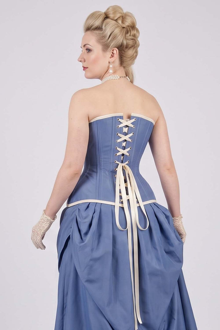 IMOGEN Overbust Waist-Training Corset in Wedgwood Blue &amp; Ivory Taffeta on model - back view