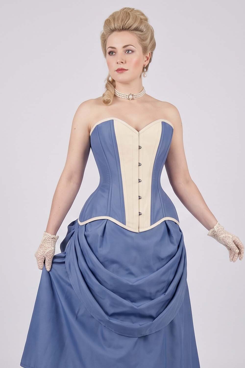 IMOGEN Overbust Waist-Training Corset in Wedgwood Blue & Ivory Taffeta on model - front view