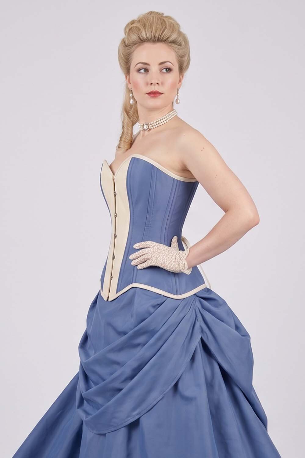 IMOGEN Overbust Waist-Training Corset in Wedgwood Blue & Ivory Taffeta on model - side view