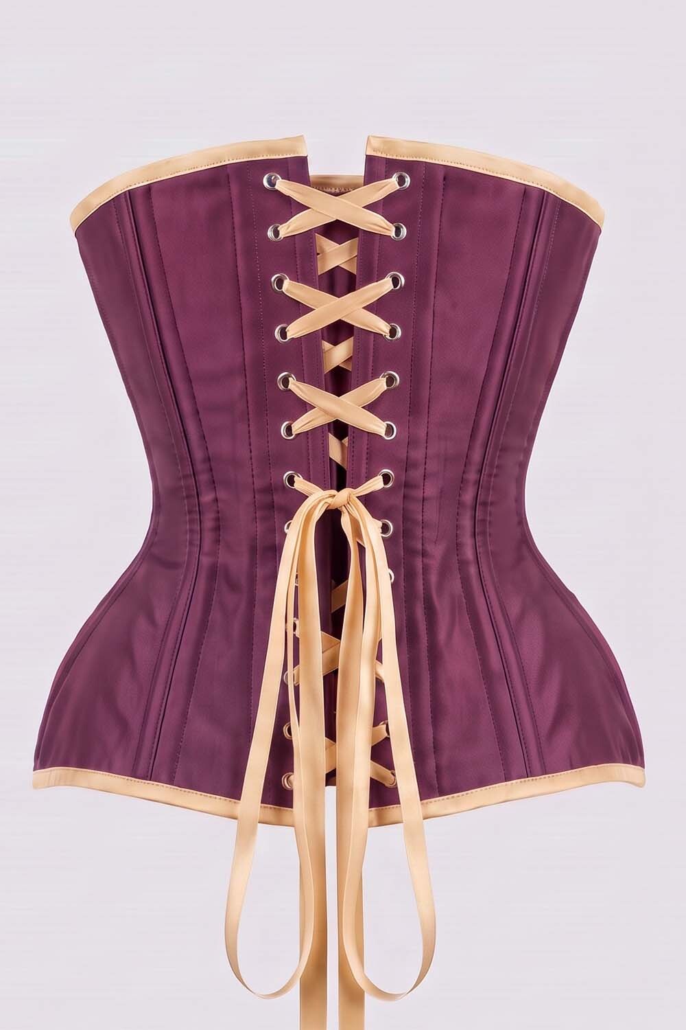 IMOGEN Overbust Waist-Training Corset in Mulberry Plum &amp; Champagne Taffeta by Luxe Noir - back view