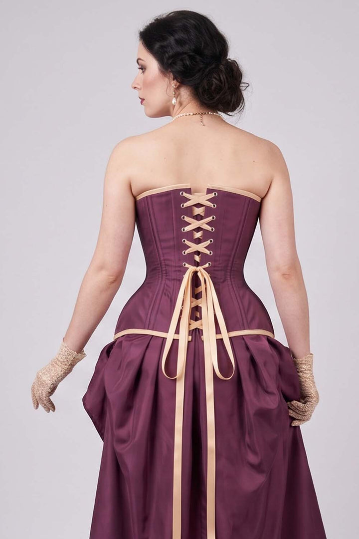 IMOGEN Overbust Waist-Training Corset in Mulberry Plum &amp; Champagne Taffeta on model - back view