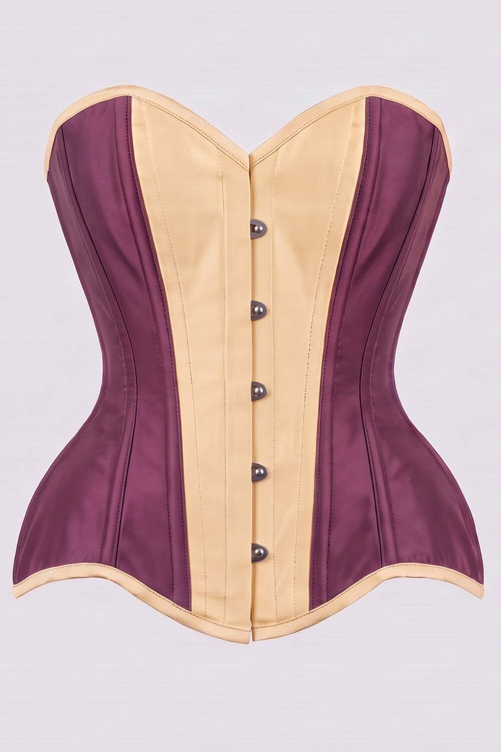 IMOGEN Overbust Waist-Training Corset in Mulberry Plum &amp; Champagne Taffeta by Luxe Noir - front view