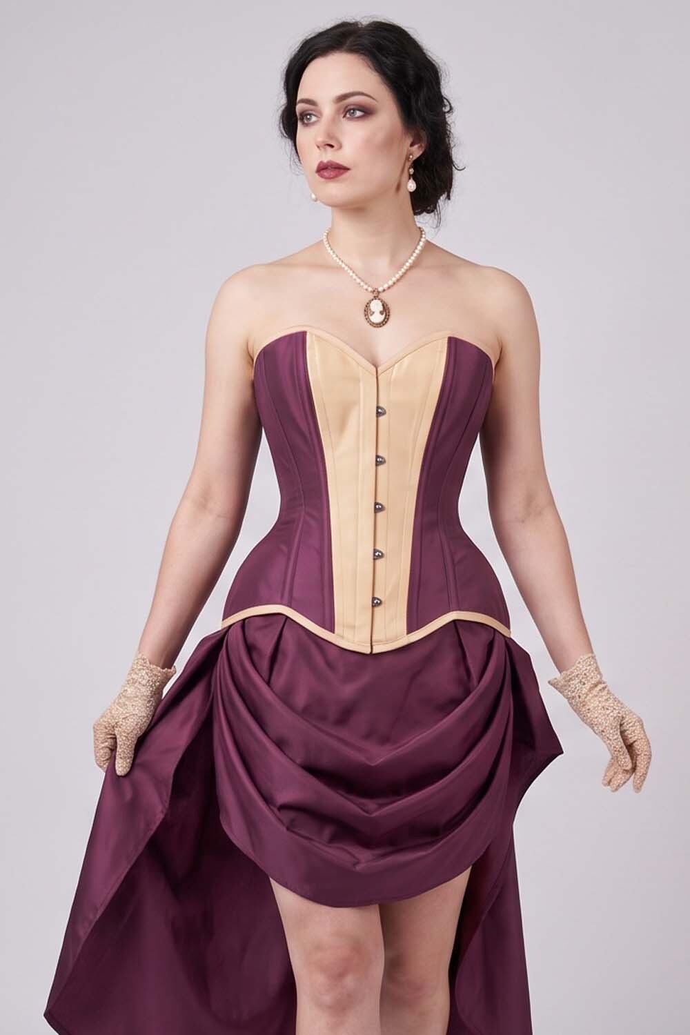 IMOGEN Overbust Waist-Training Corset in Mulberry Plum & Champagne Taffeta on model - front view