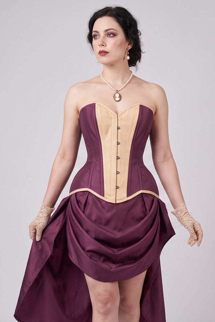 IMOGEN Overbust Waist-Training Corset in Mulberry Plum &amp; Champagne Taffeta on model - front view