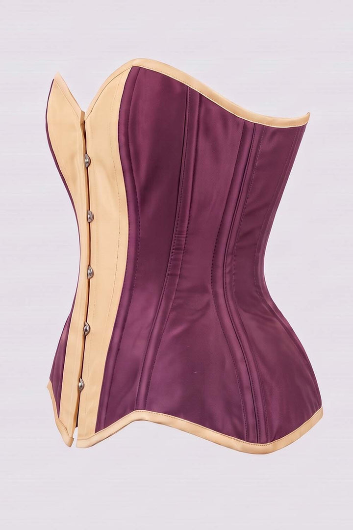 IMOGEN Overbust Waist-Training Corset in Mulberry Plum &amp; Champagne Taffeta by Luxe Noir - side view