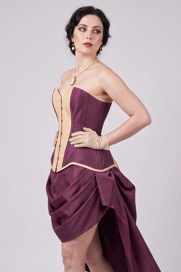 IMOGEN Overbust Waist-Training Corset in Mulberry Plum &amp; Champagne Taffeta on model - side view