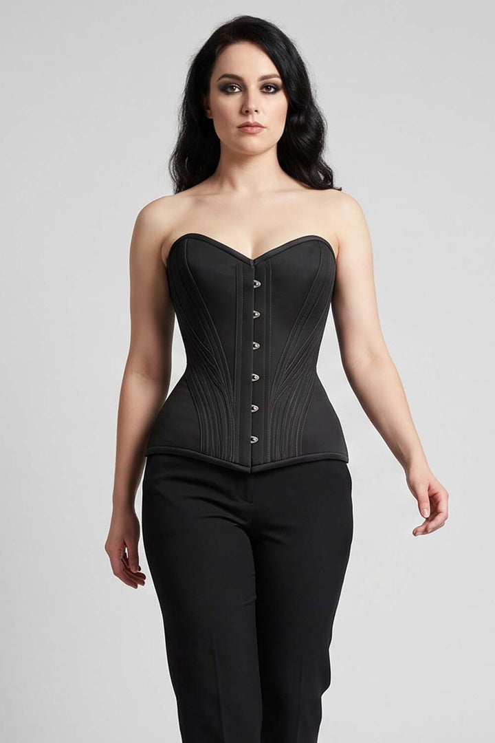 ASTER Overbust Waist-Training Corset in Black Cotton on model – front view