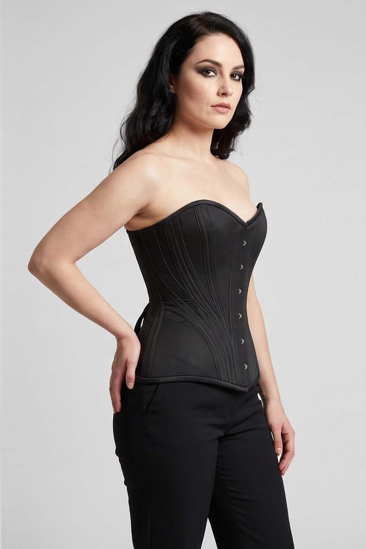 ASTER Overbust Waist-Training Corset in Black Cotton on model – side view