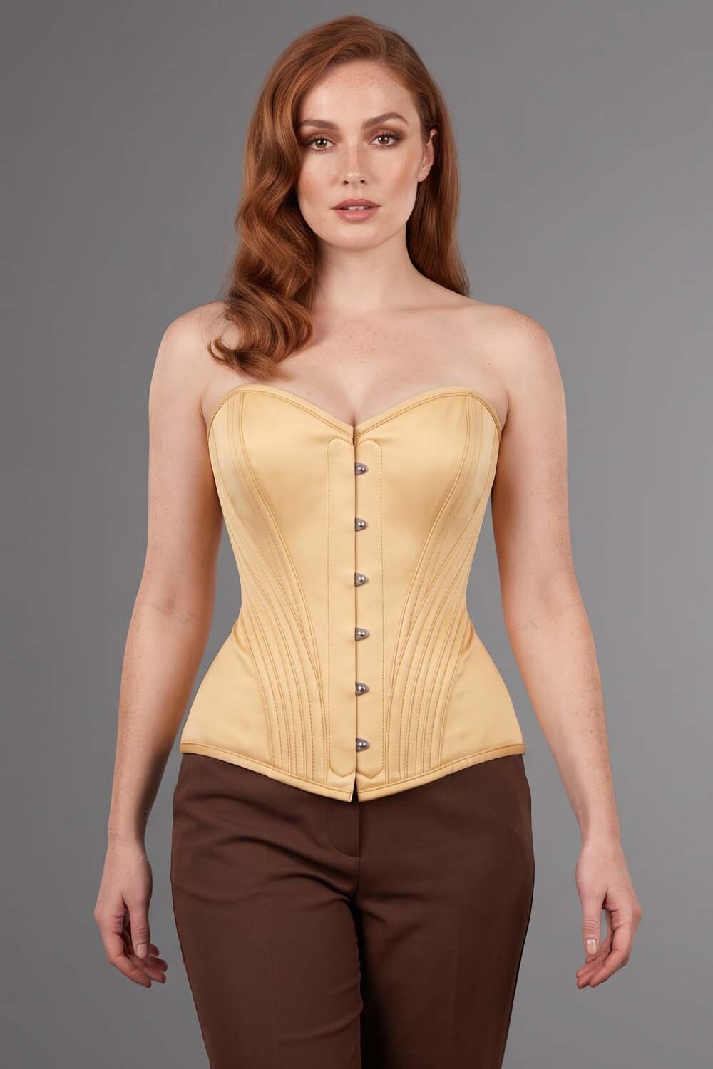 ASTER Overbust Waist-Training Corset in Nude Satin on model – front view