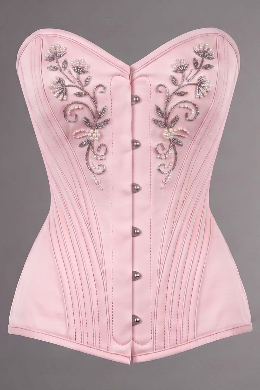 ASTER Overbust Waist-Training Corset in Pink Satin by Luxe Noir – front view