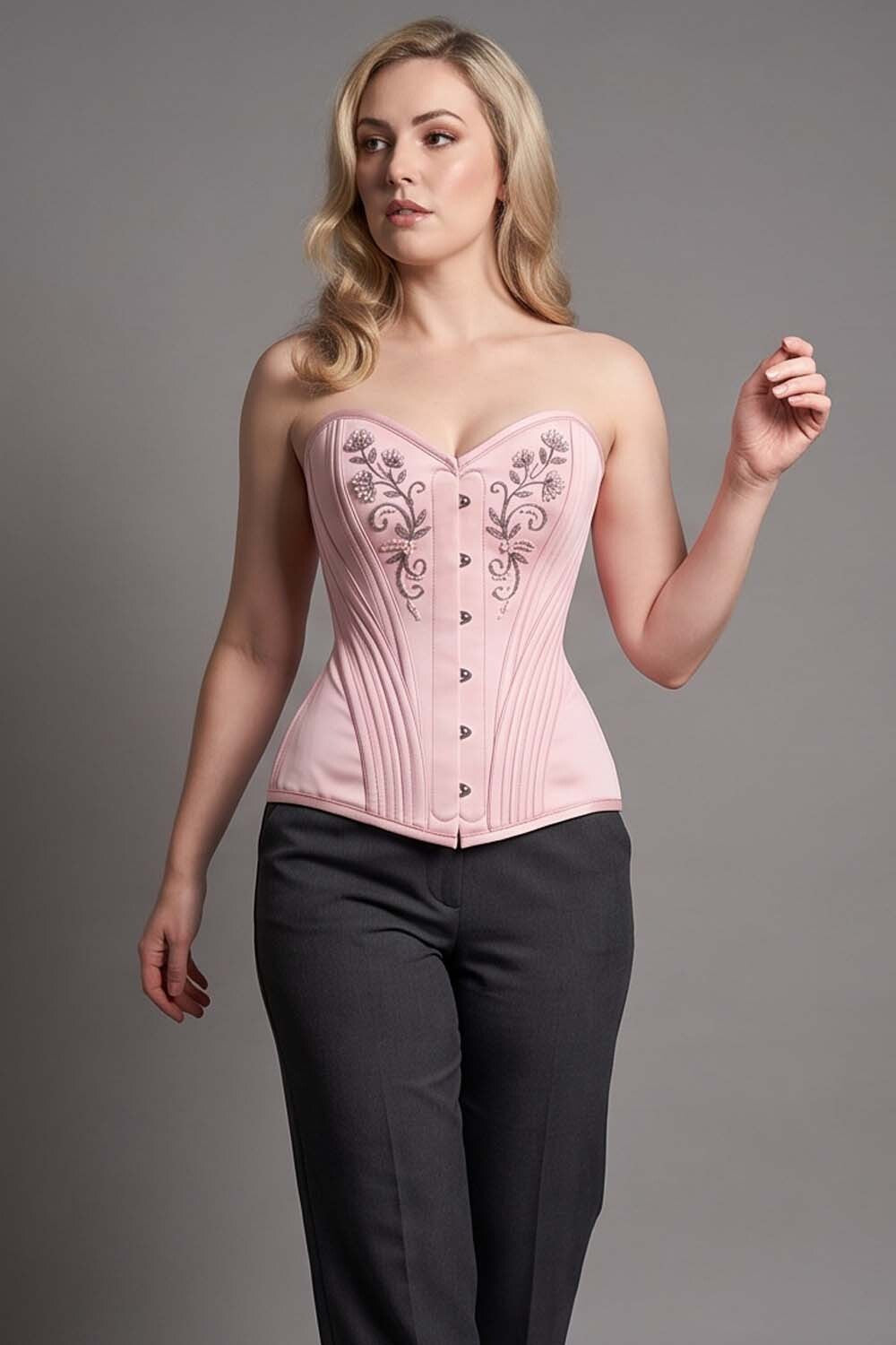 ASTER Overbust Waist-Training Corset in Pink Satin on model – front view