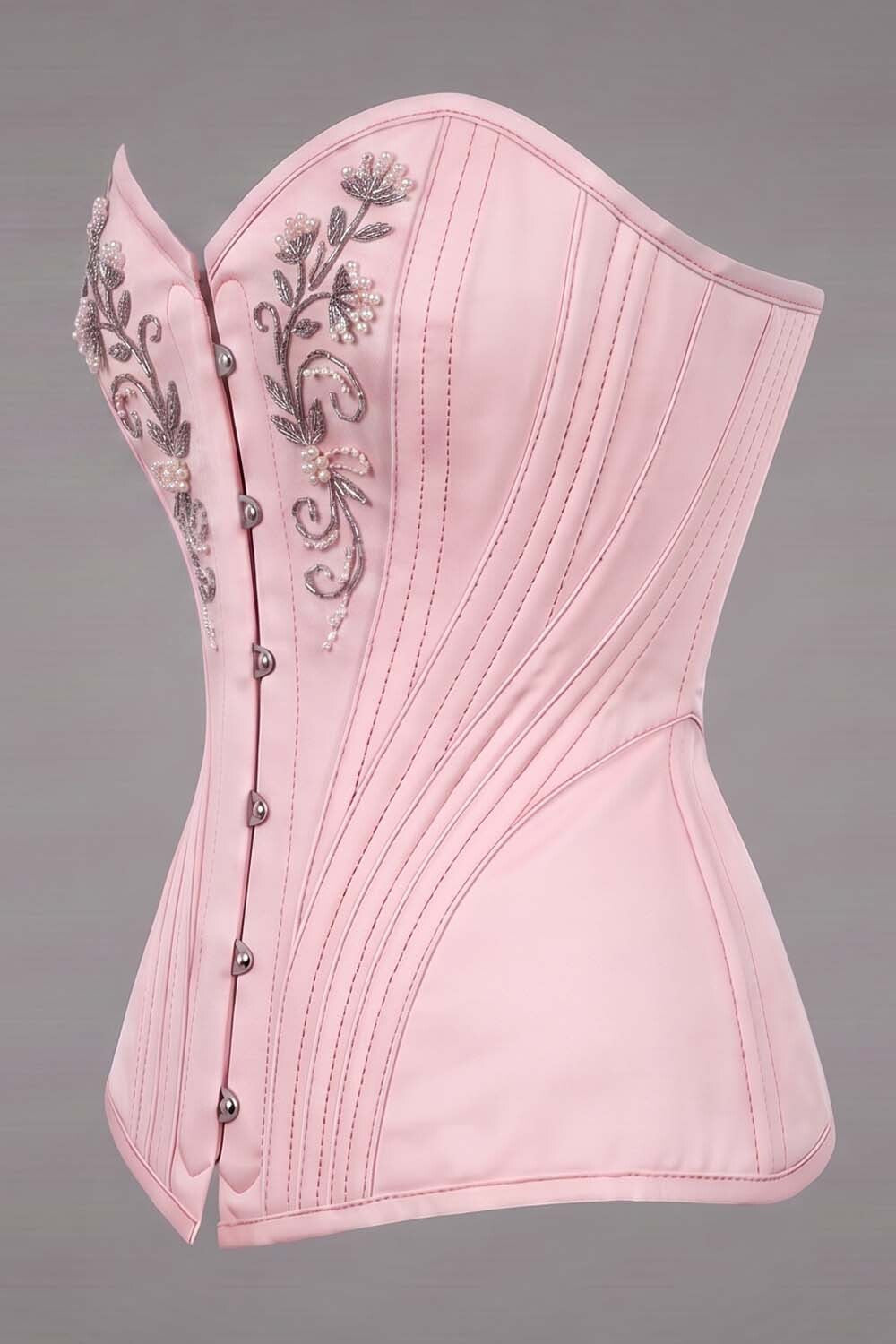 ASTER Overbust Waist-Training Corset in Pink Satin by Luxe Noir – side view