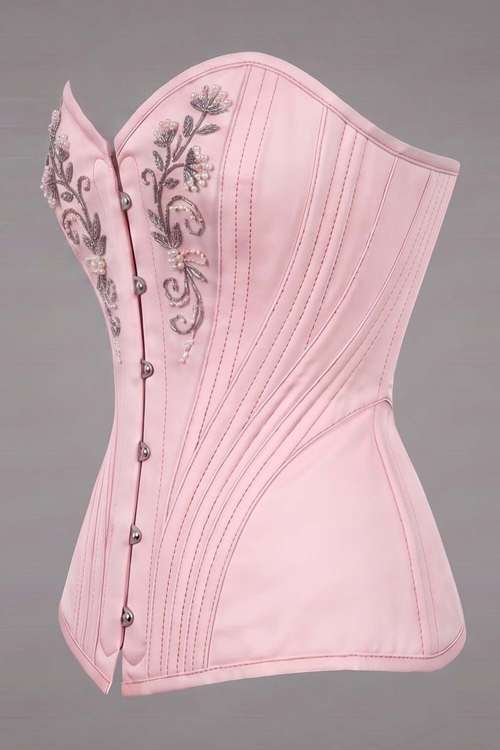 ASTER Overbust Waist-Training Corset in Pink Satin by Luxe Noir – side view