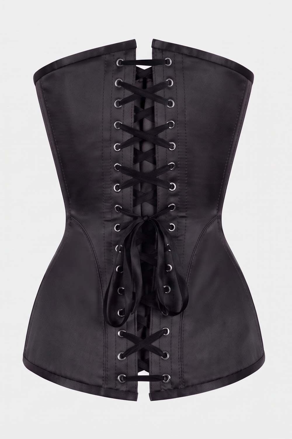 ASTER Overbust Waist-Training Corset in Black Satin by Luxe Noir – back view