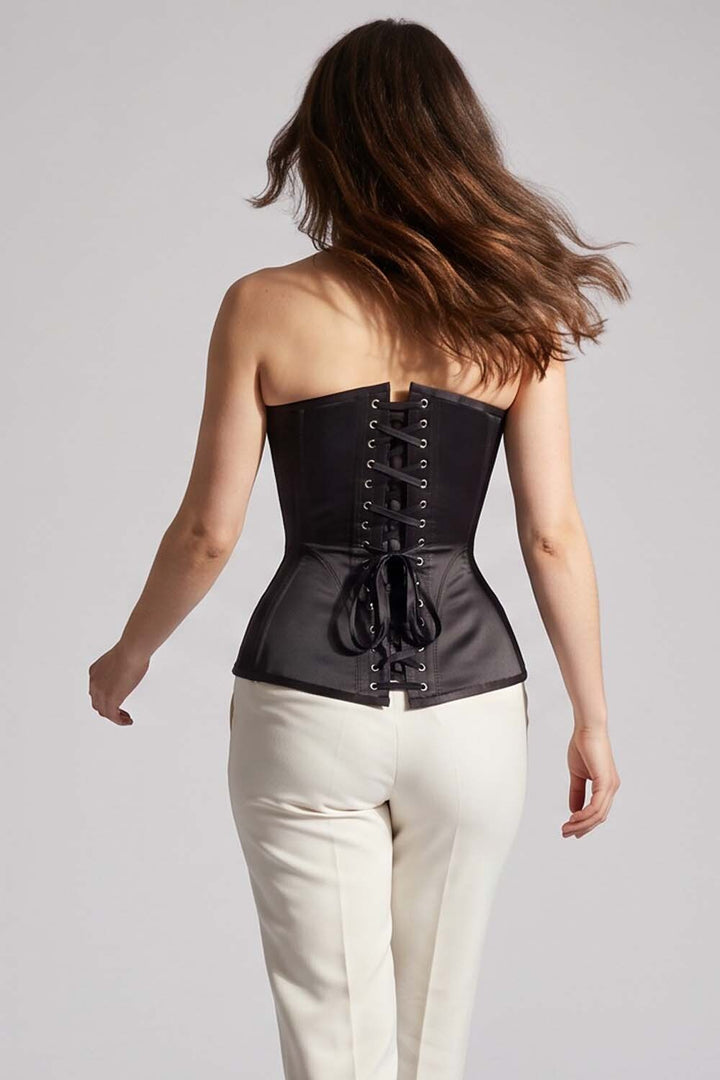 ASTER Overbust Waist-Training Corset in Black Satin on model – back view