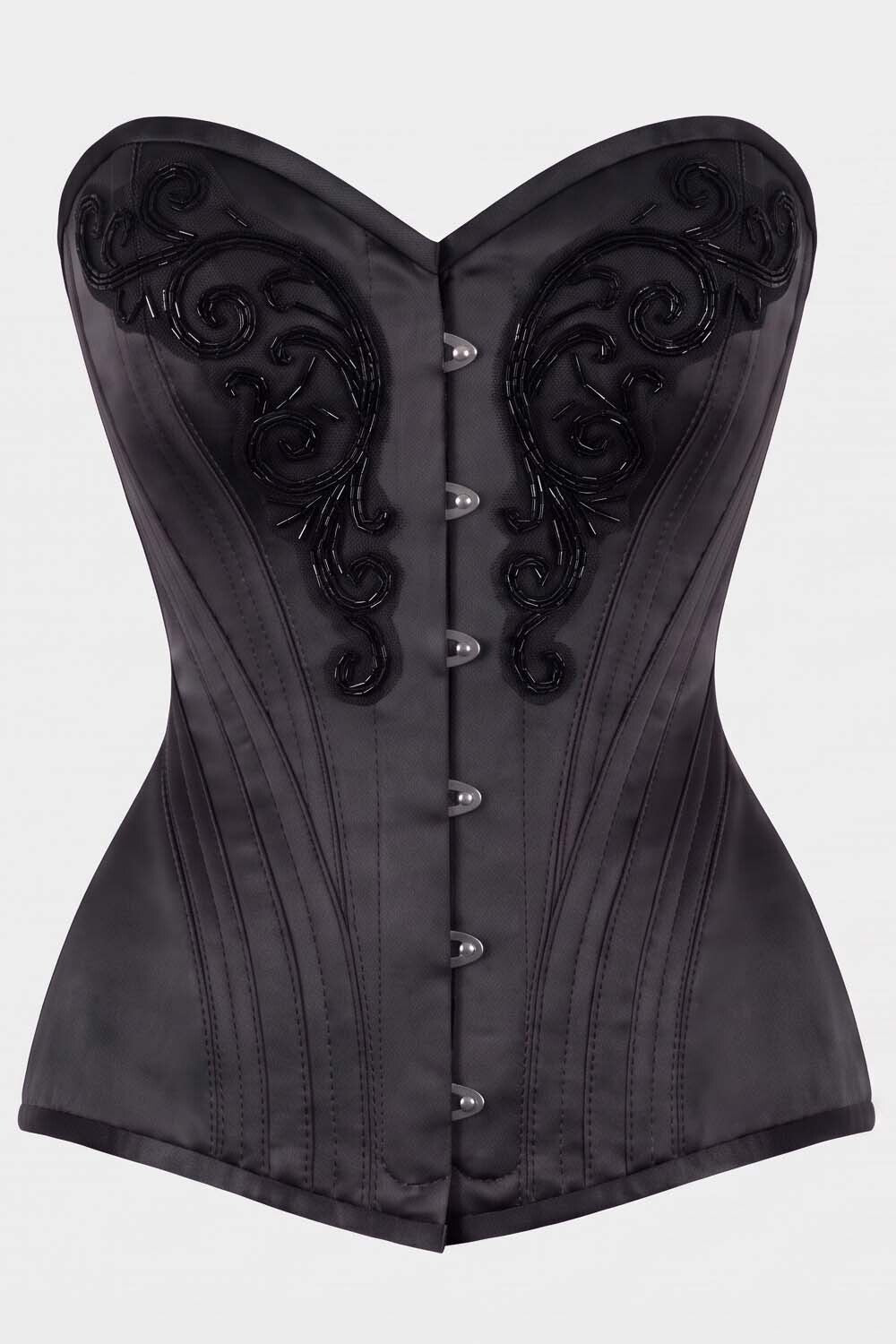 ASTER Overbust Waist-Training Corset in Black Satin by Luxe Noir – front view