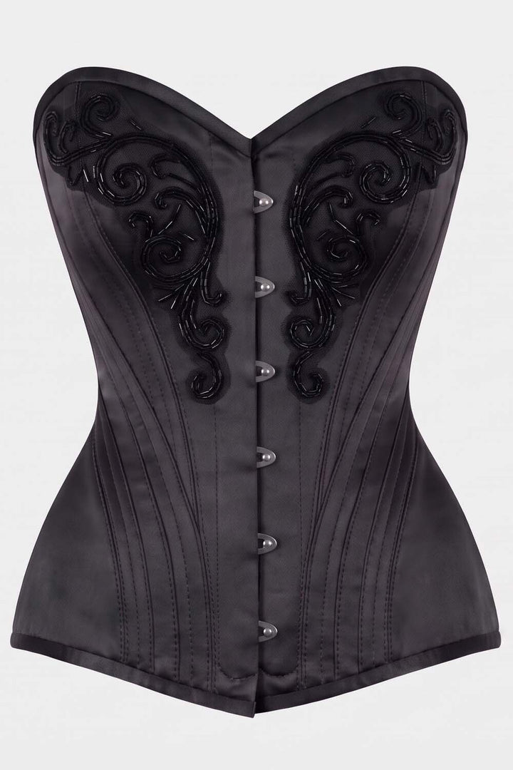 ASTER Overbust Waist-Training Corset in Black Satin by Luxe Noir – front view
