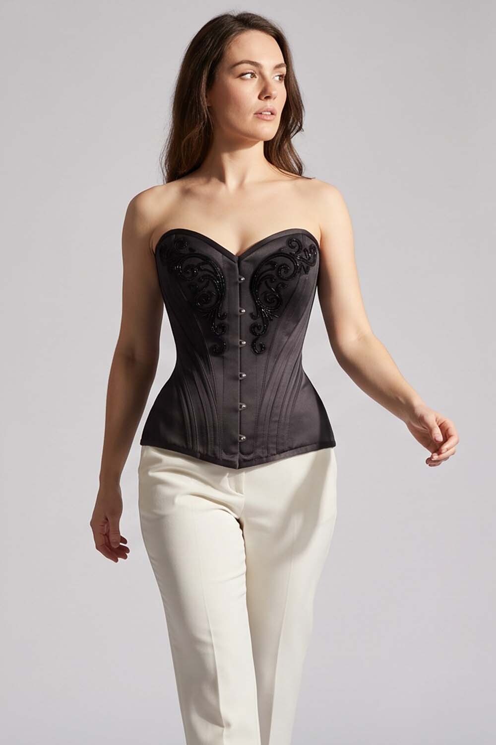 ASTER Overbust Waist-Training Corset in Black Satin on model – front view