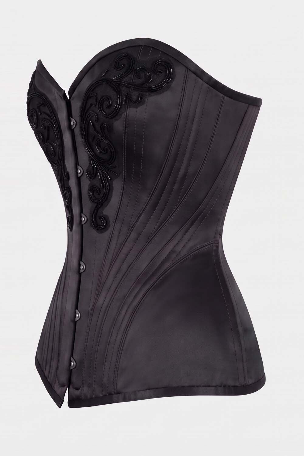 ASTER Overbust Waist-Training Corset in Black Satin by Luxe Noir – side view