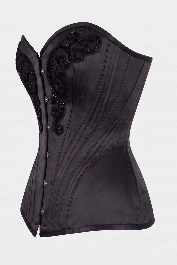 ASTER Overbust Waist-Training Corset in Black Satin by Luxe Noir – side view