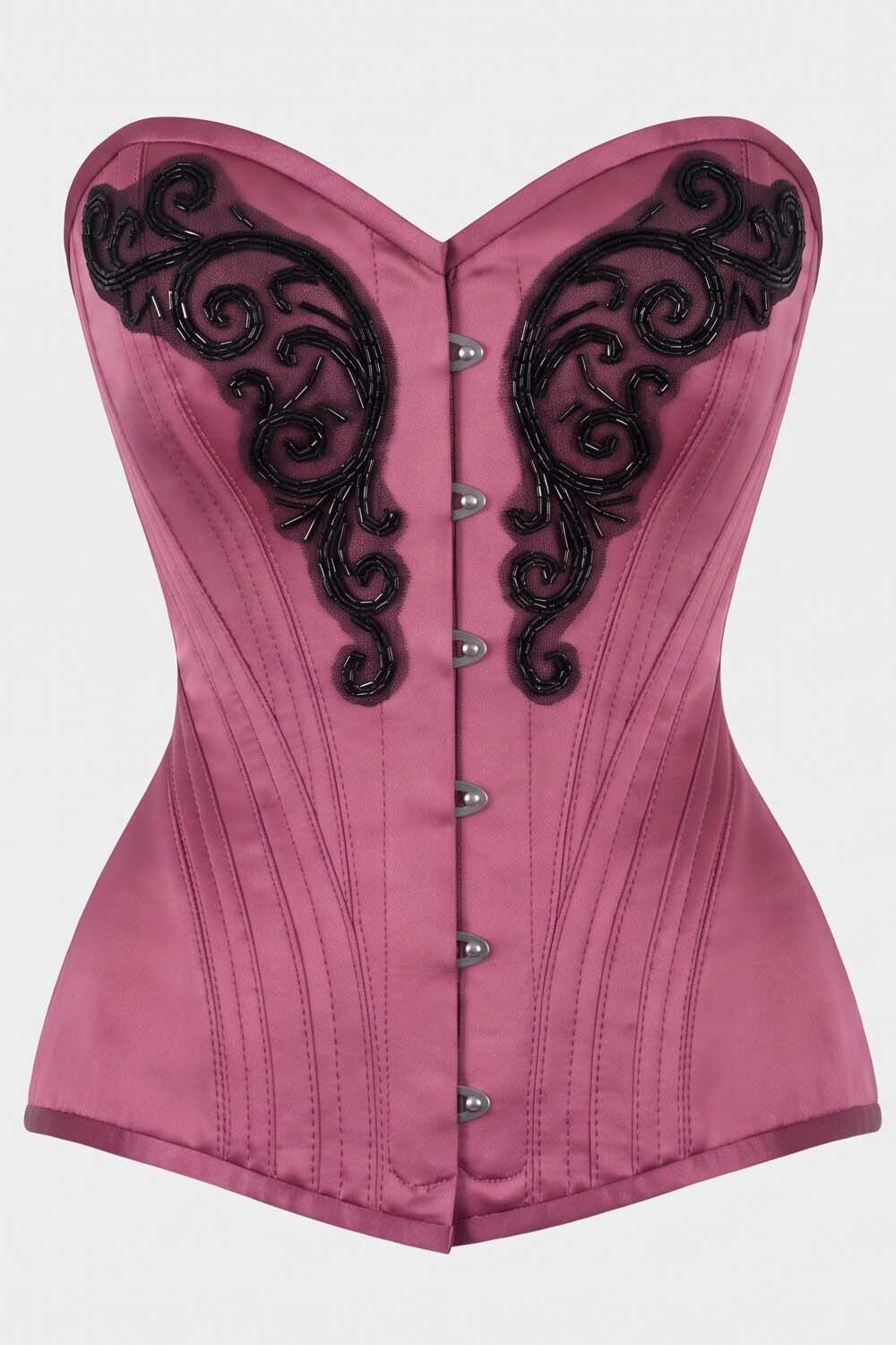 ASTER Overbust Waist-Training Corset in Rose Plum Satin by Luxe Noir – front view