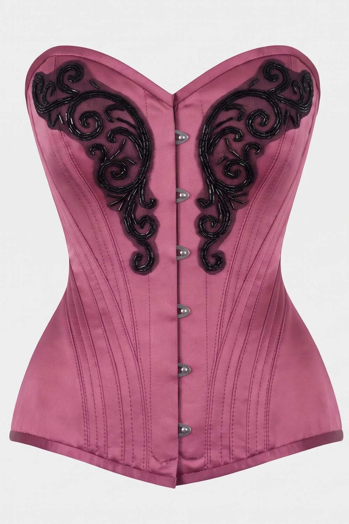ASTER Overbust Waist-Training Corset in Rose Plum Satin by Luxe Noir – front view