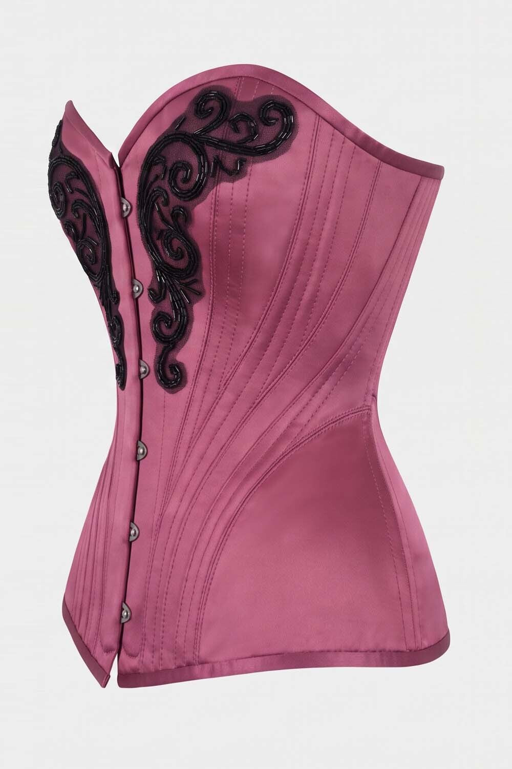 ASTER Overbust Waist-Training Corset in Rose Plum Satin by Luxe Noir – side view