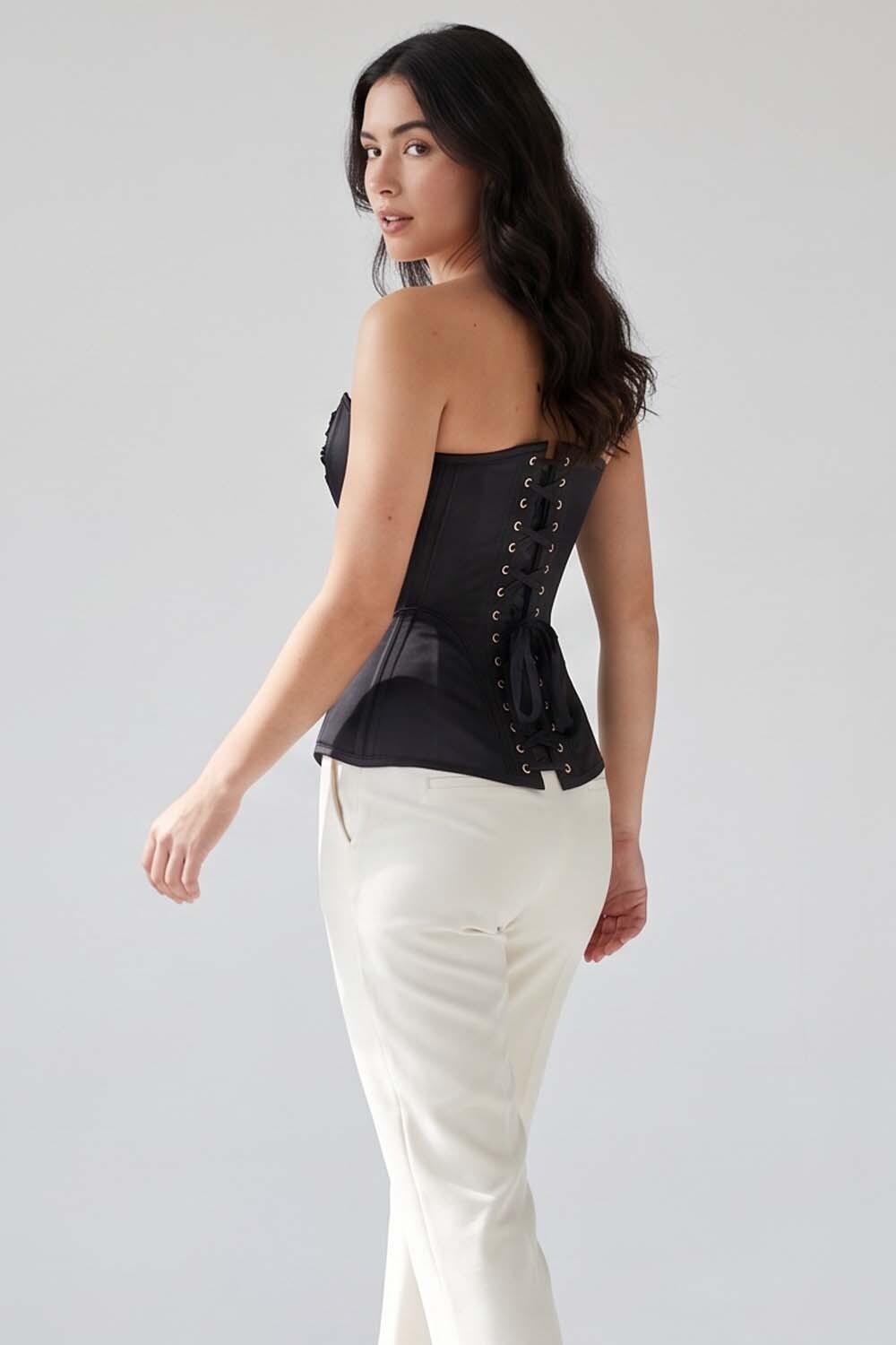 ASTER Overbust Waist-Training Corset in Black Satin on model – back view