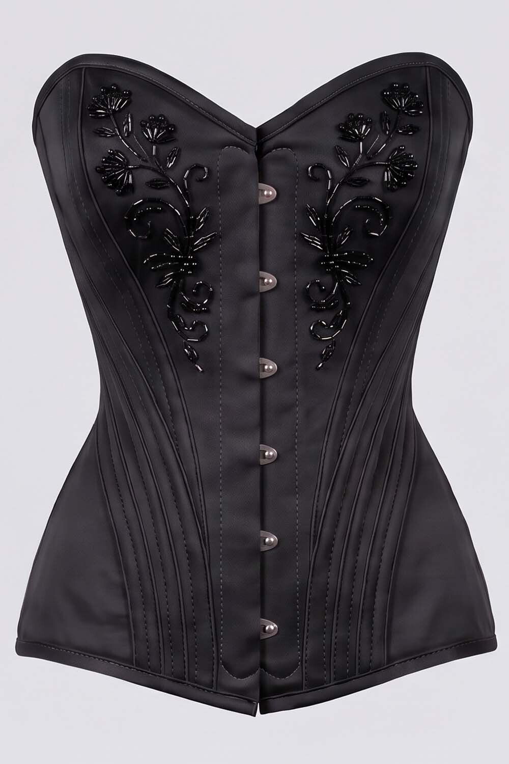 ASTER Overbust Waist-Training Corset in Black Satin by Luxe Noir – front view
