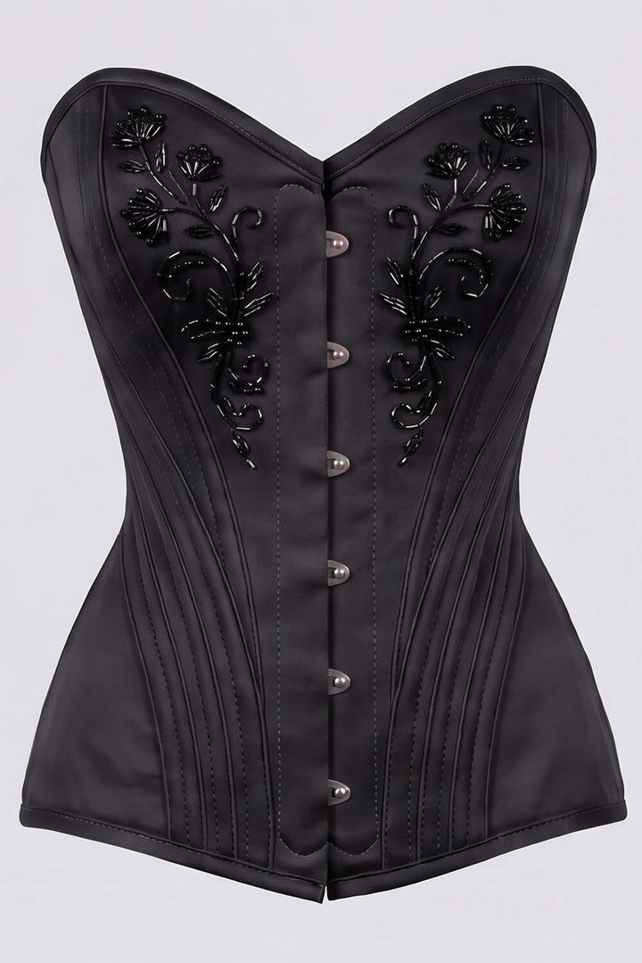ASTER Overbust Waist-Training Corset in Black Satin by Luxe Noir – front view