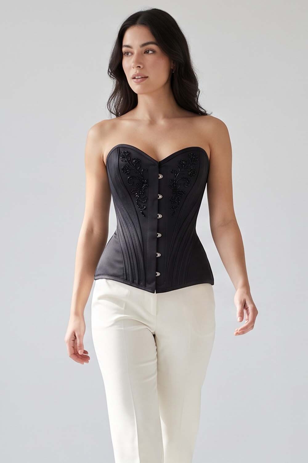 ASTER Overbust Waist-Training Corset in Black Satin on model – front view