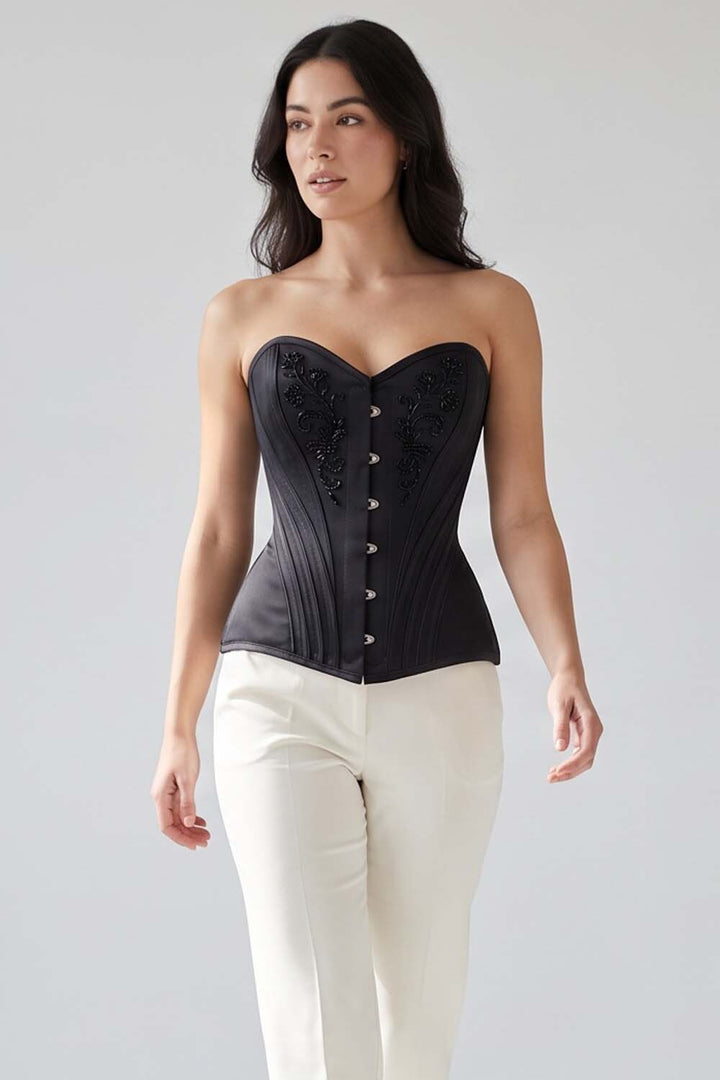 ASTER Overbust Waist-Training Corset in Black Satin on model – front view