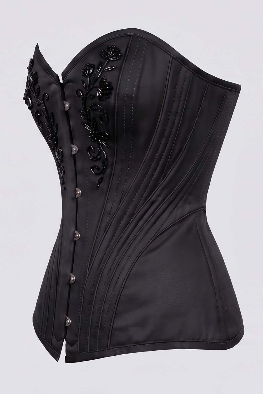 ASTER Overbust Waist-Training Corset in Black Satin by Luxe Noir – side view