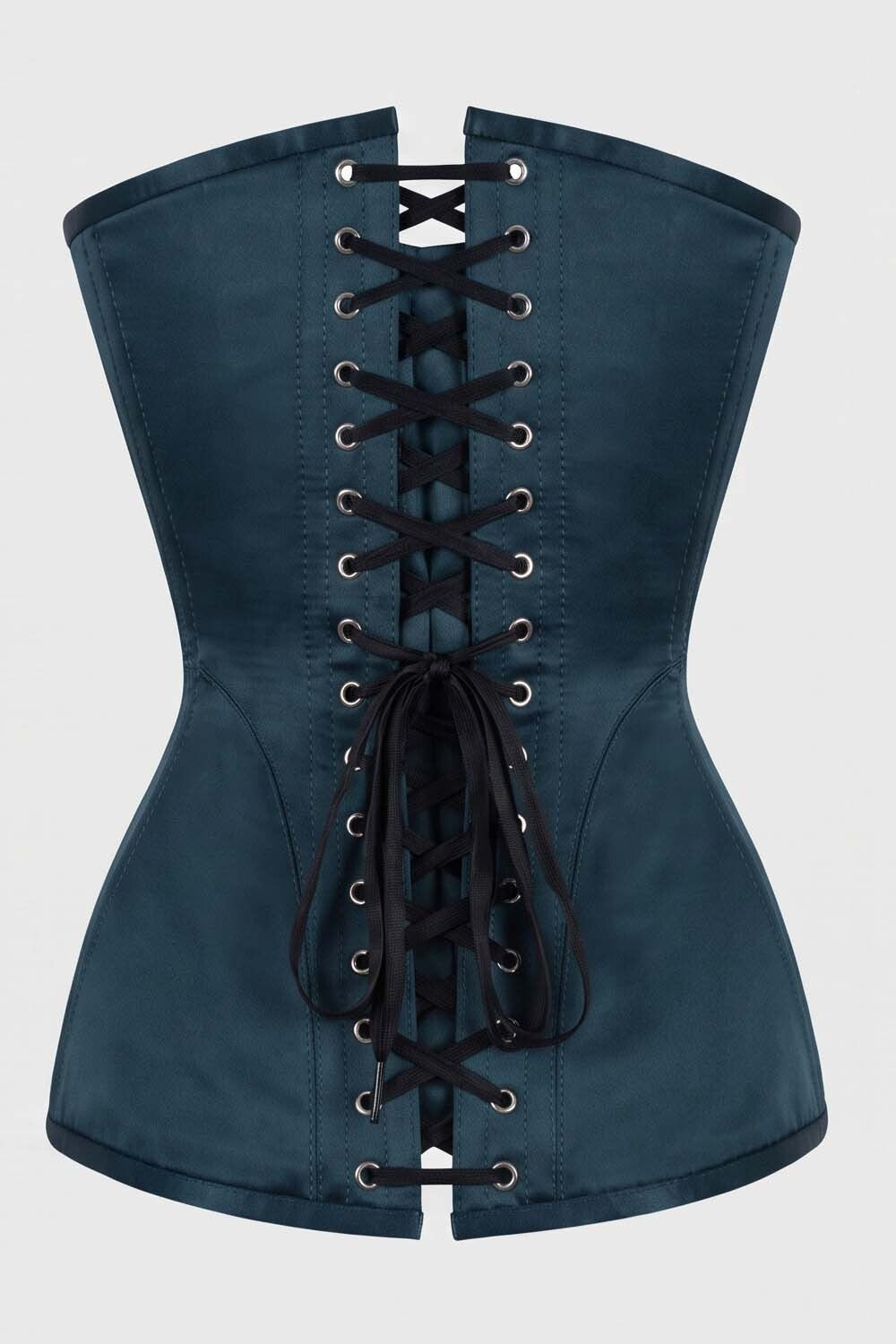 ASTER Overbust Waist-Training Corset in Blue Satin by Luxe Noir – back view