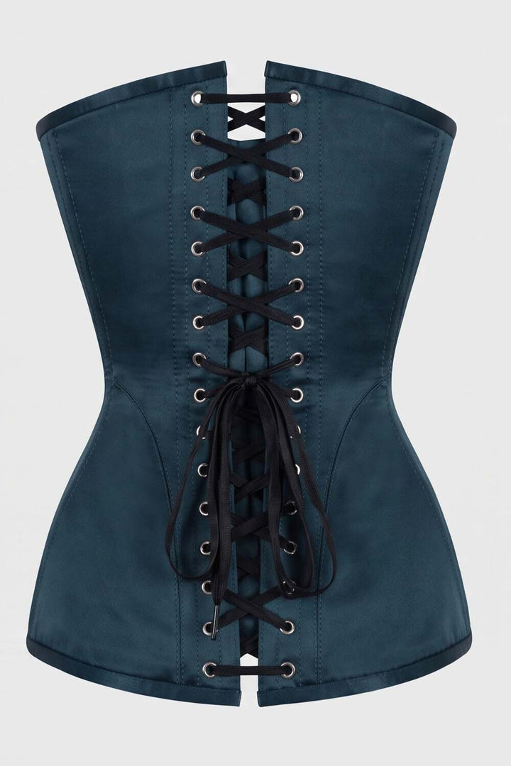 ASTER Overbust Waist-Training Corset in Blue Satin by Luxe Noir – back view