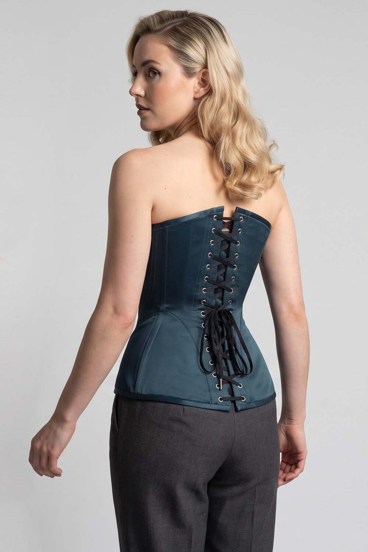 ASTER Overbust Waist-Training Corset in Blue Satin on model – back view
