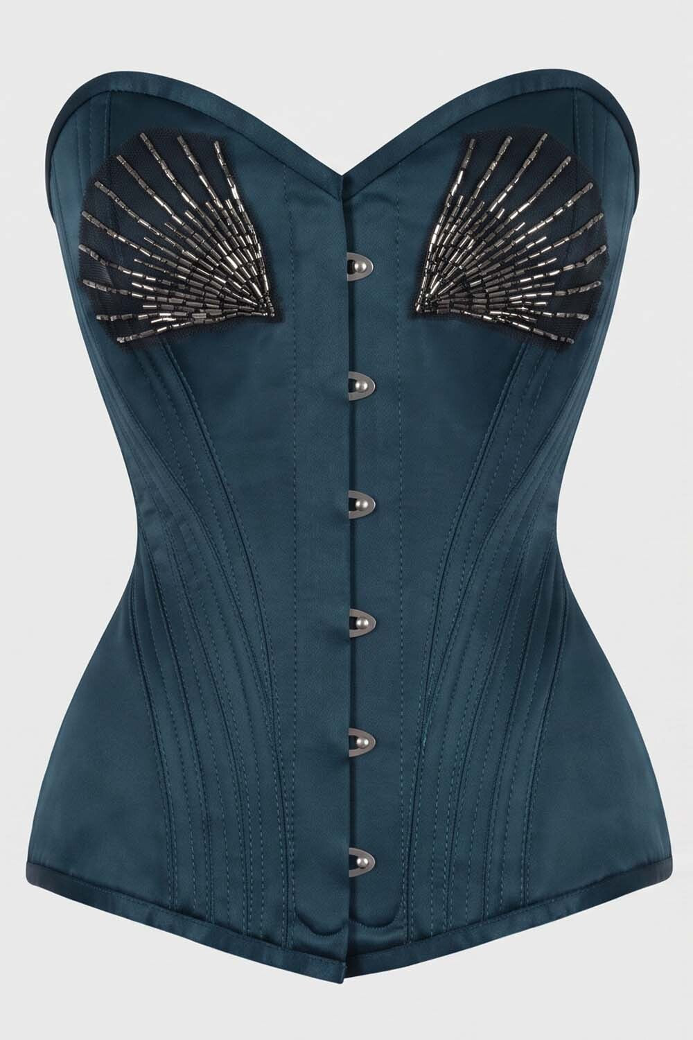 ASTER Overbust Waist-Training Corset in Blue Satin by Luxe Noir – front view