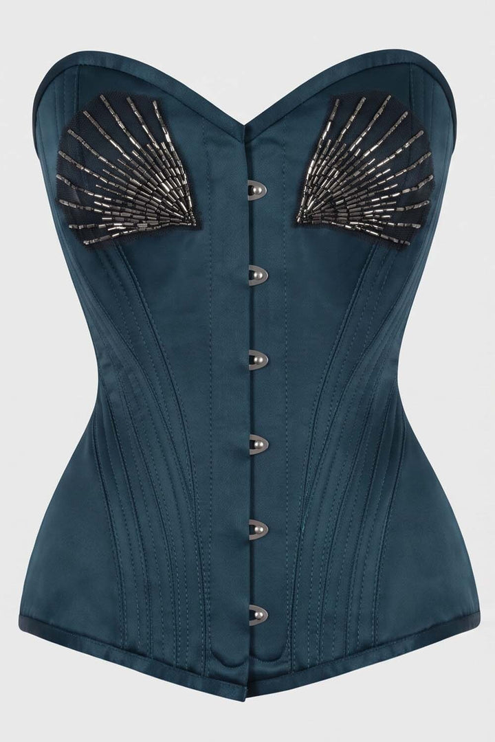 ASTER Overbust Waist-Training Corset in Blue Satin by Luxe Noir – front view