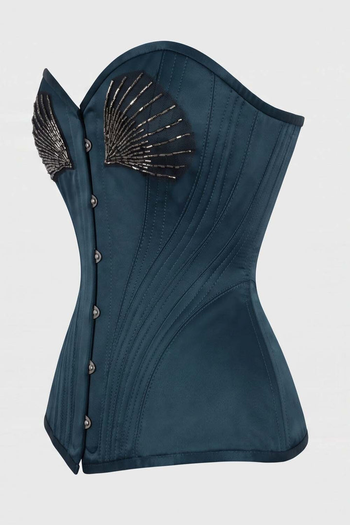 ASTER Overbust Waist-Training Corset in Blue Satin by Luxe Noir – side view